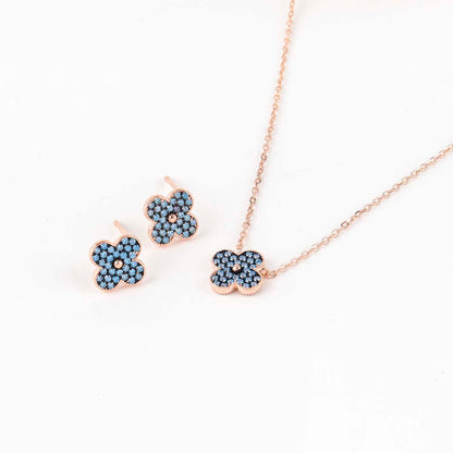Dainty Aqua Blue Pave Clover Stud Earrings 925 Sterling Silver Rose Gold
