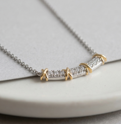 925 Sterling Silver Two-Tone Curved Bar Necklace with Gold X Cross