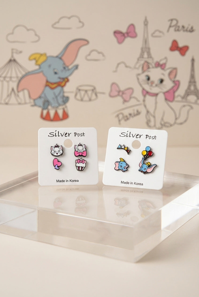 Complete 4-piece character earring sets with circus and Paris themed background