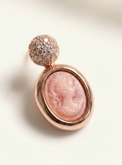 Vintage Cameo Drop Earrings with Pave Crystal Studs - Rose Gold