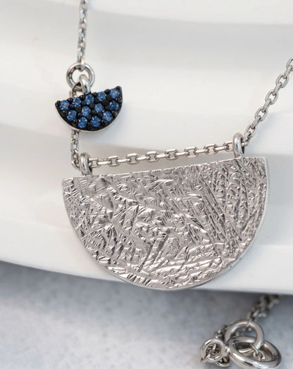 925 Sterling Silver Hammered Half-Moon Necklace with Blue CZ Heart Charm