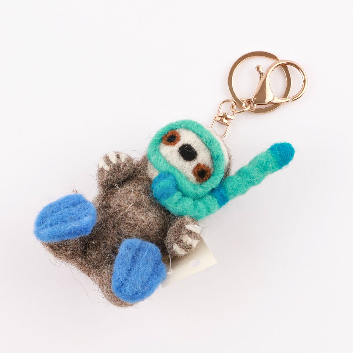 Diving otter wool felt keychain with turquoise goggles and blue flippers handmade in Nepa