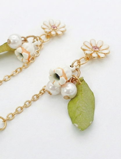 Fairycore Lily of the Valley Pearl Drop Earrings (Titanium)
