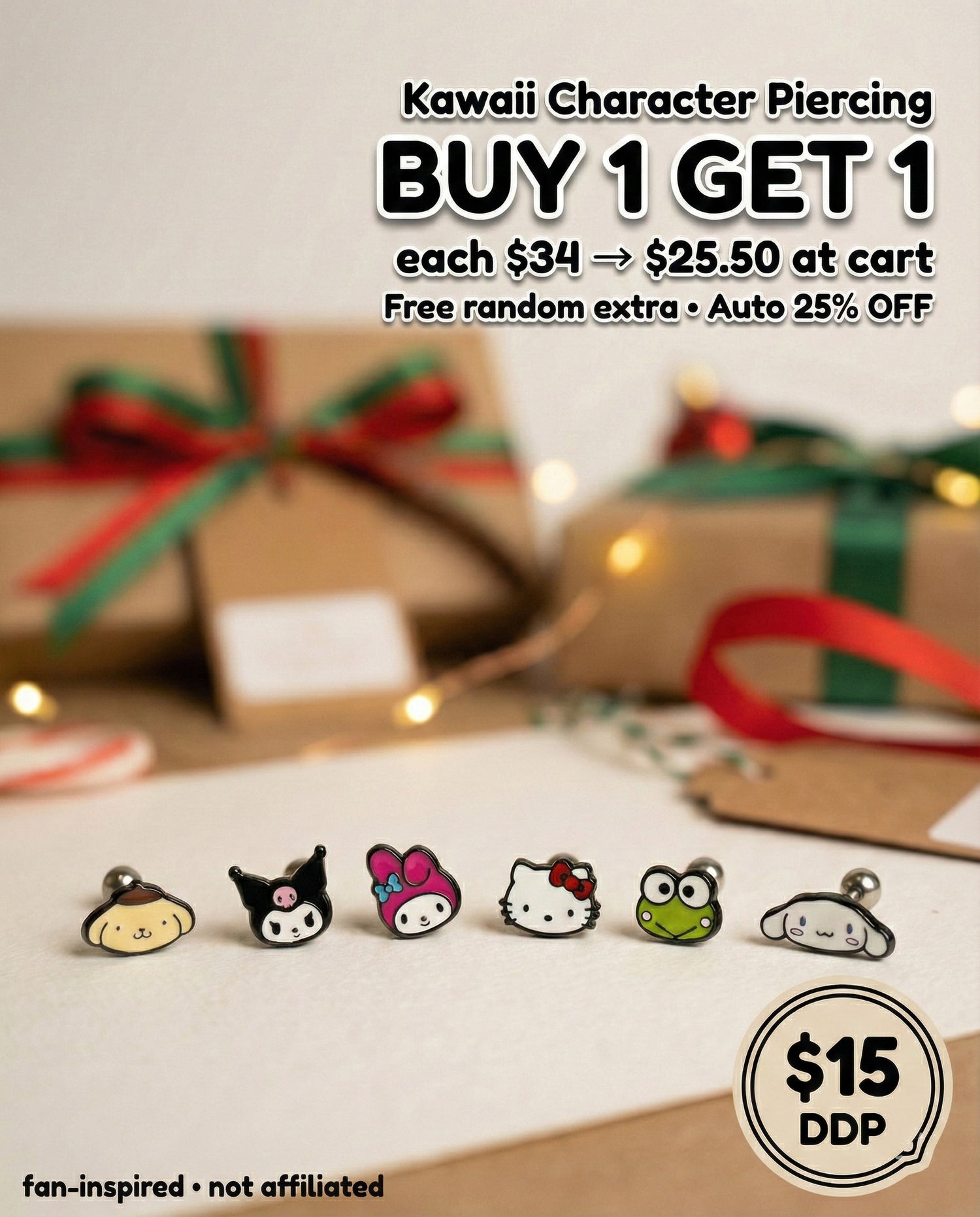 Character stud earrings featuring Pompompurin, My Melody, and Hello Kitty, styled vertically on one ear with silver posts.