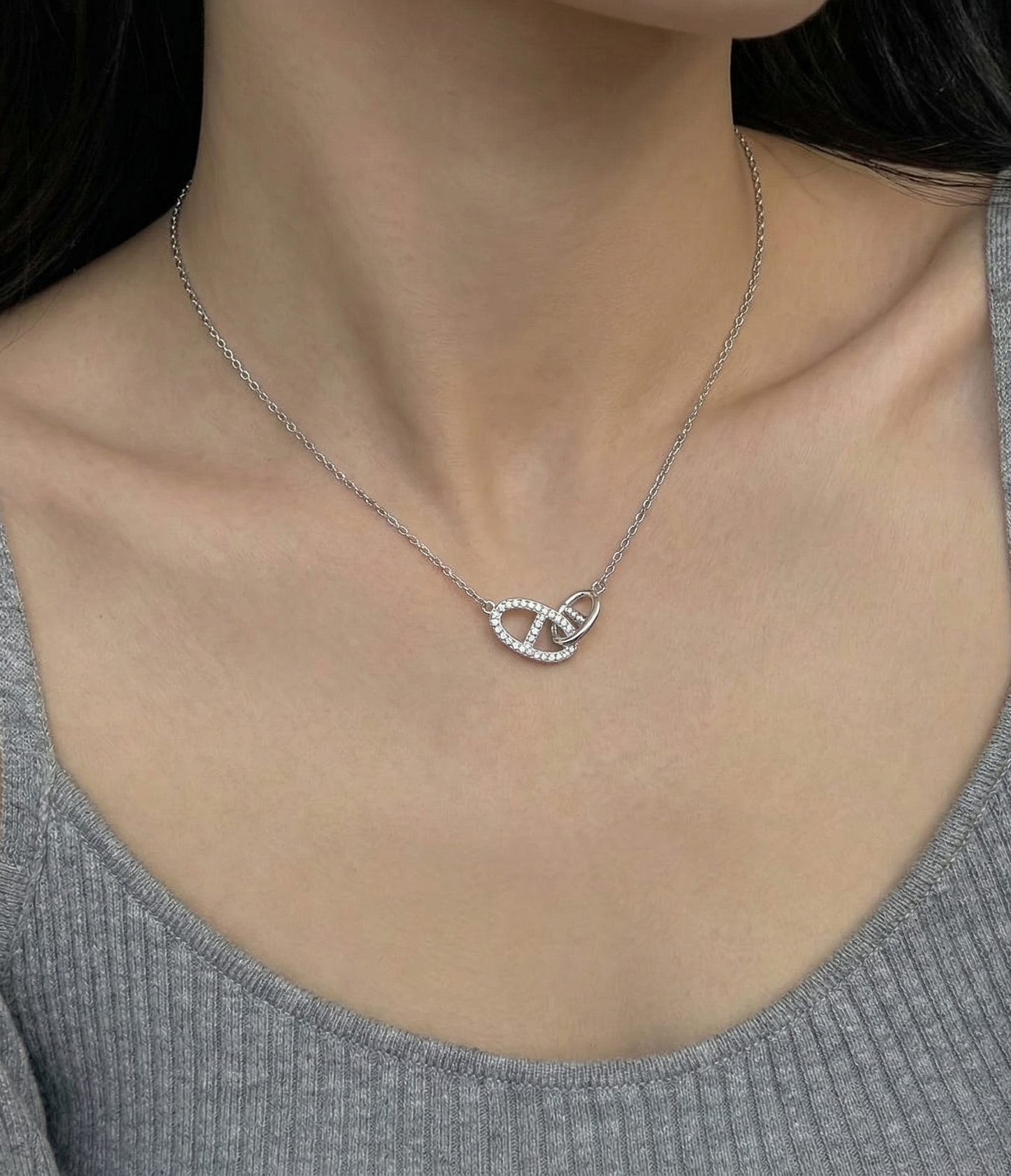 925 Sterling Silver Pavé CZ Interlocking Double Ring Necklace