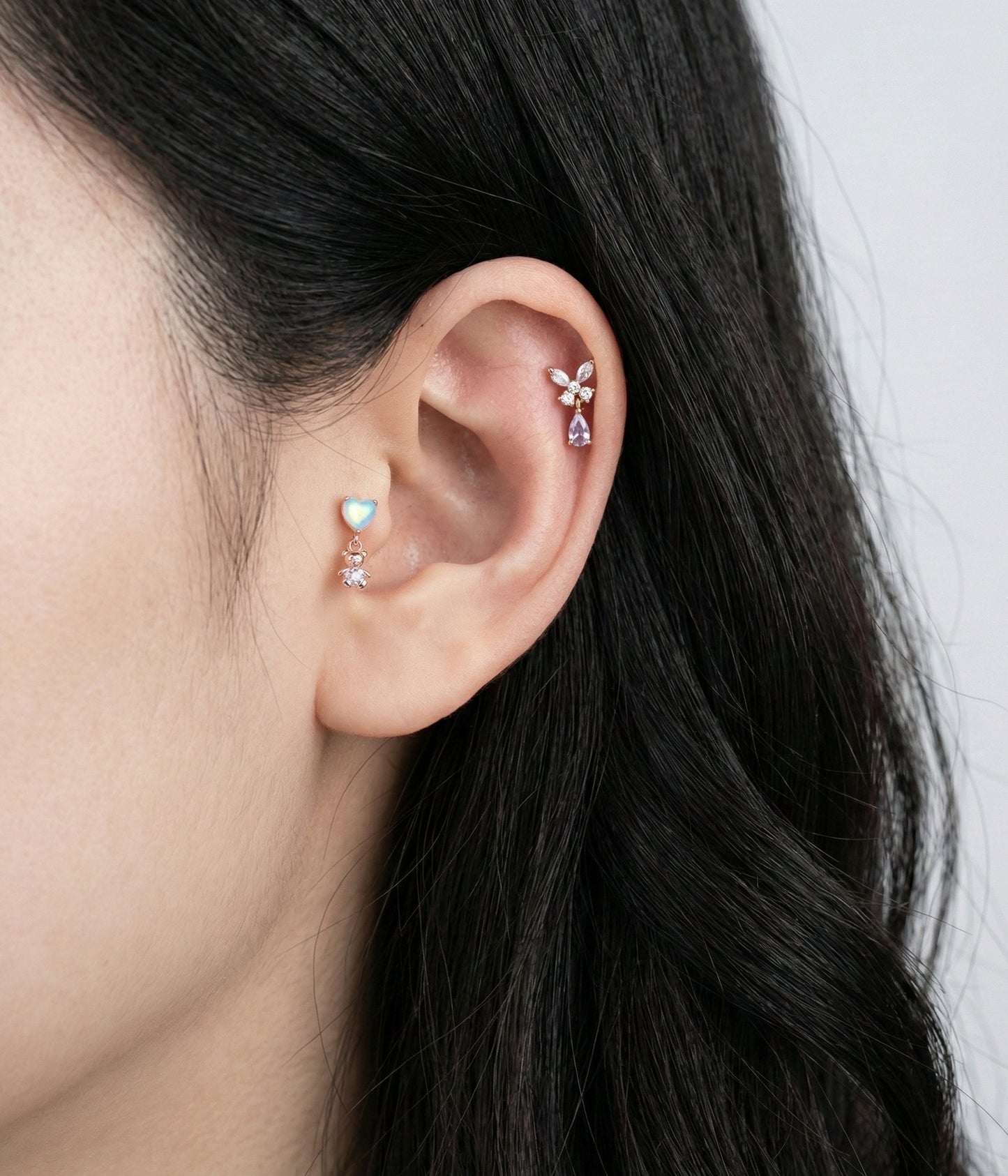 Aurora Heart & Teddy Bear Dangle Barbell Piercing | Titanium Post
