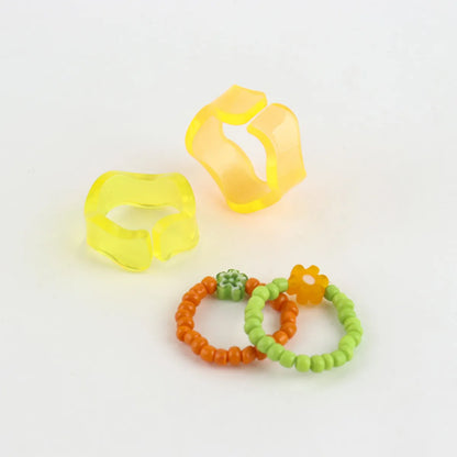 Y2K Chunky Resin Wave Ring & Flower Bead Ring Set