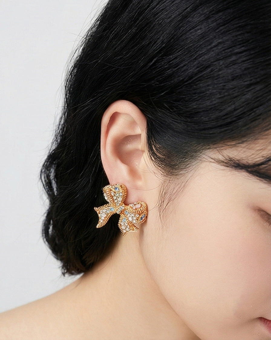 Vintage Kitsch Bow Earrings - Chunky Retro Ribbon Statement Studs with Sparkling Crystals