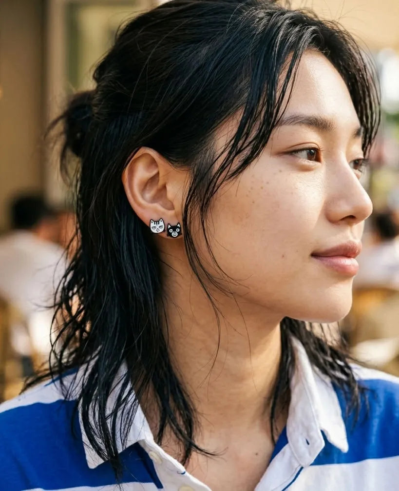 Black Cat & White Cat Mismatch Earrings — The Curated Ear Duo