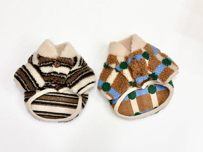 Cozy Sherpa Fleece Dog Cardigan - Button-Up Winter Coat Check & Stripe