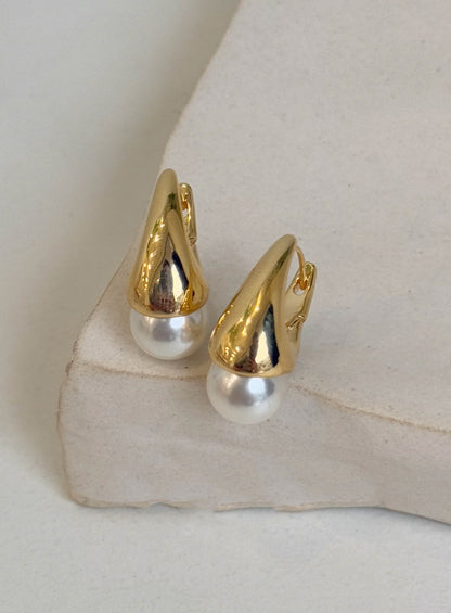 Gold Silver Teardrop Pearl Huggie Earrings - Titanium Post & Lightweight