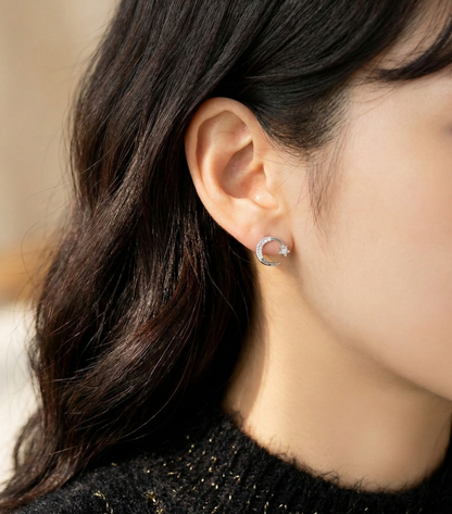 Celestial Crescent Moon & Star Pavé Stud Earrings | Silver, Gold & Rose Gold