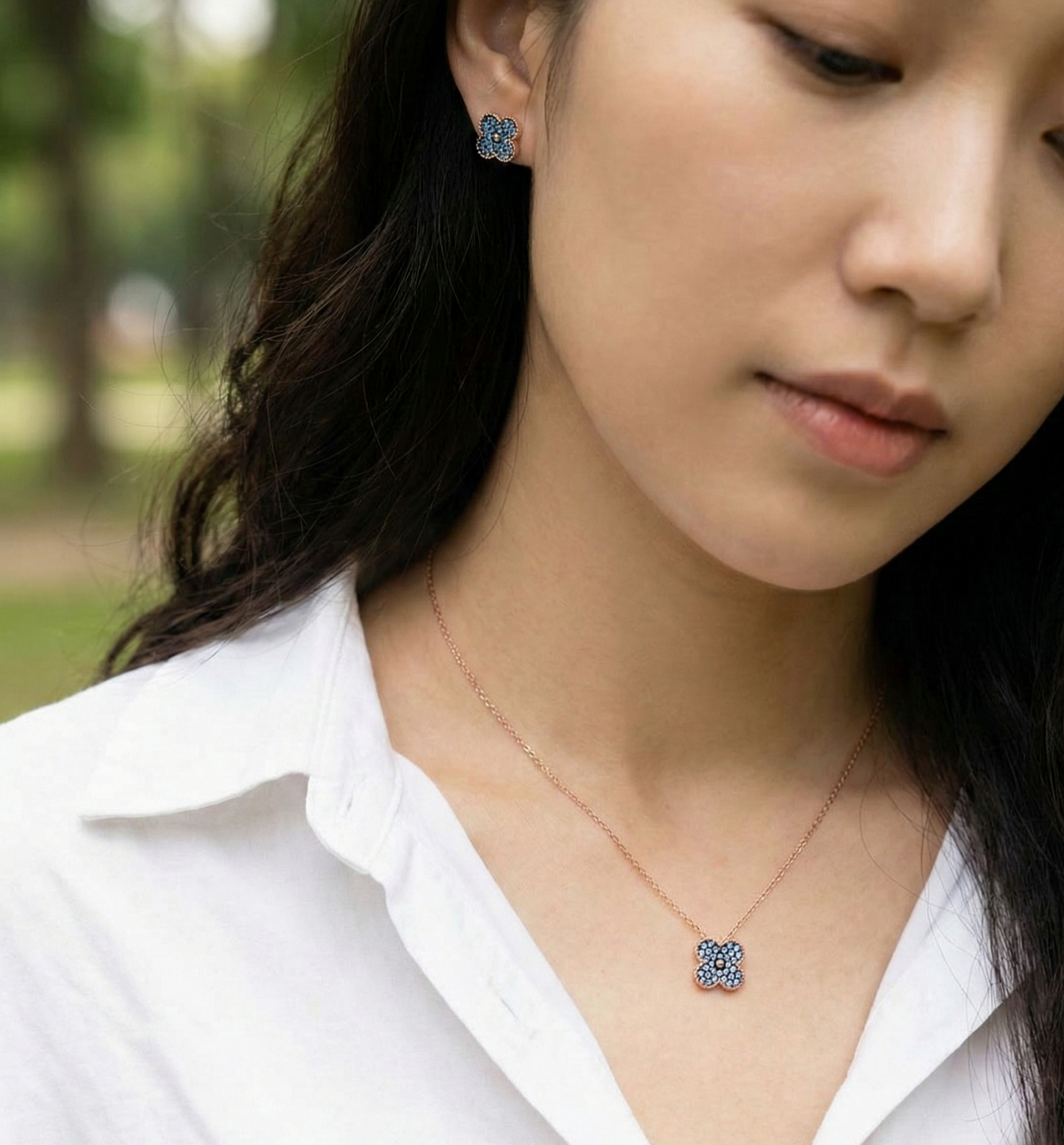 925 Sterling Silver Blue Clover Necklace Earrings Set - Rose Gold