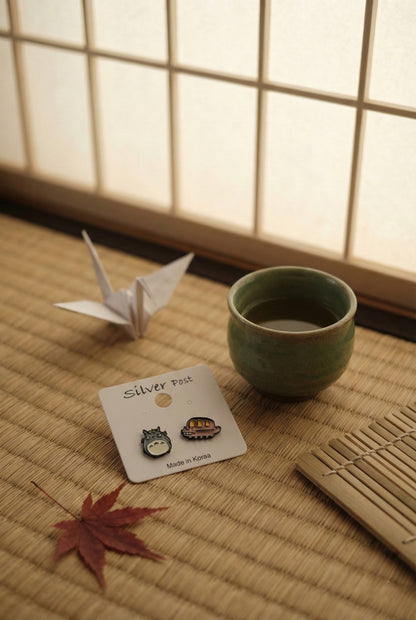Totoro & Catbus Asymmetrical Stud Earrings | 925 Silver Post Ghibli Anime Jewelry