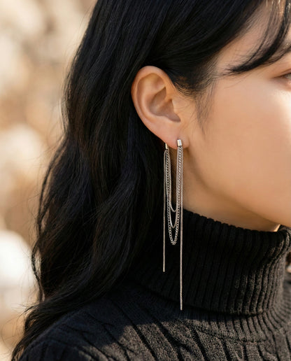 Layered Snake Chain Front Back Drop Earrings - Long Tassel Linear Earrings