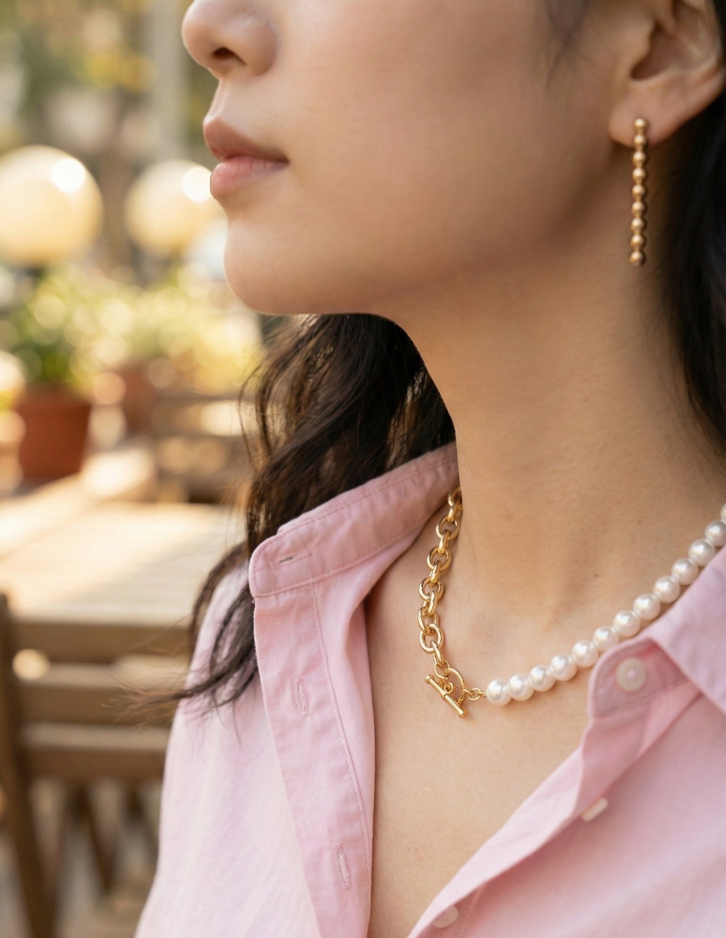 Half Pearl Half Chain Toggle Choker - Mixed Media Statement Necklace
