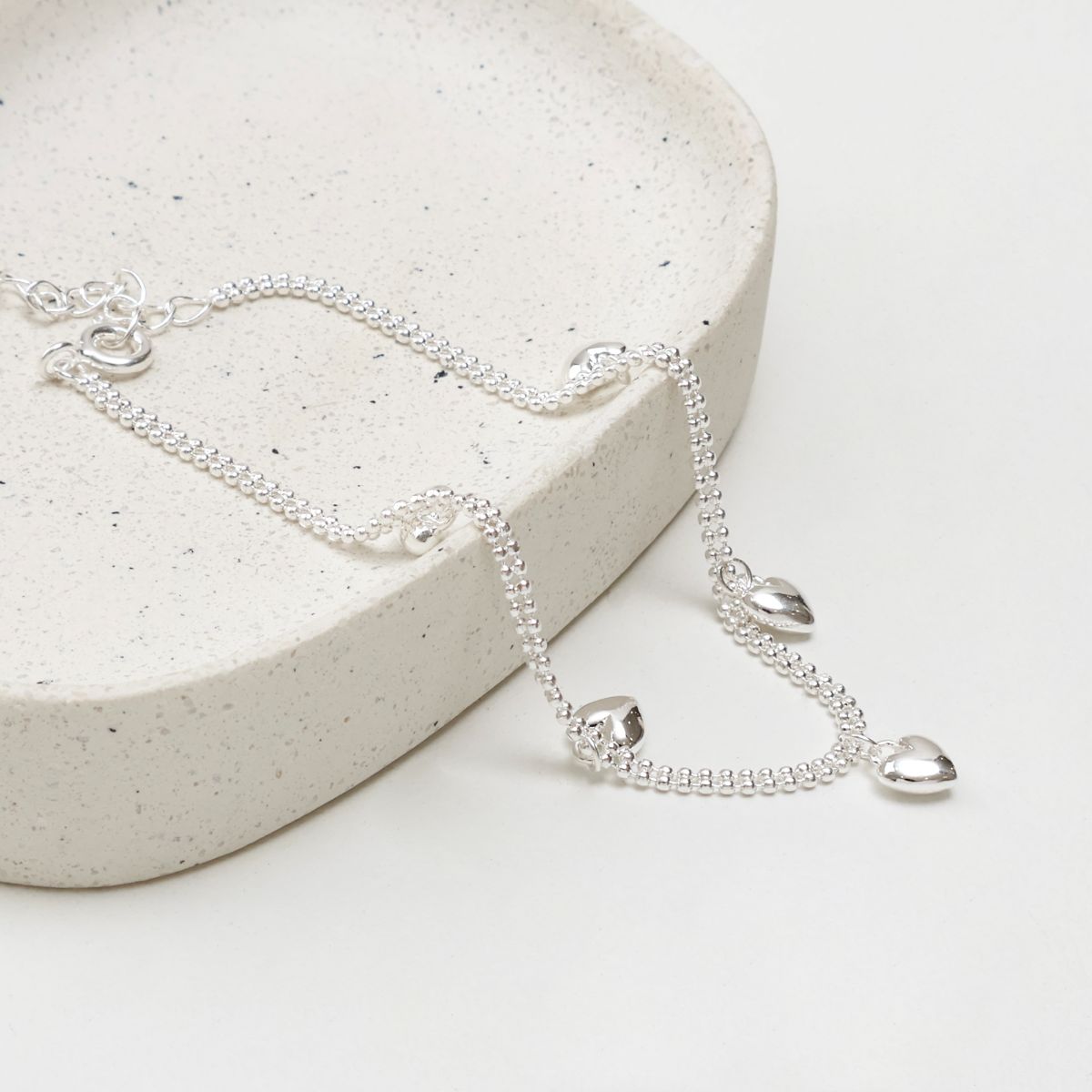 925 Sterling Silver Heart Charm Bracelet - Double Chain Puffed Hearts