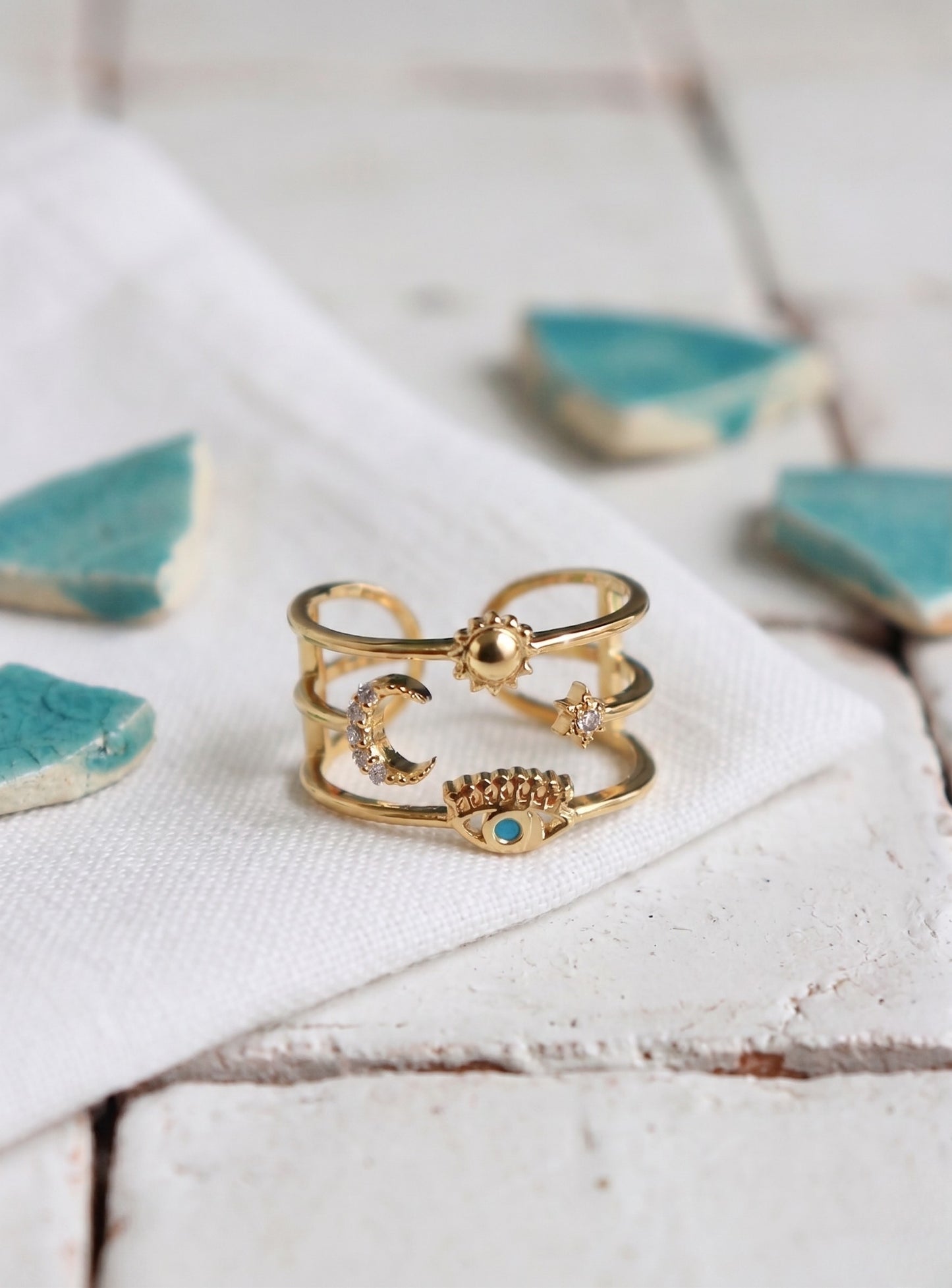 Bold Celestial Evil Eye Sun Moon Star Layered Brass Ring – Made in Korea