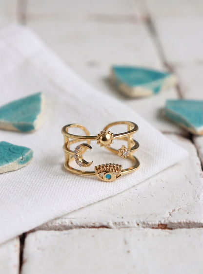 Bold Celestial Evil Eye Sun Moon Star Layered Brass Ring – Made in Korea