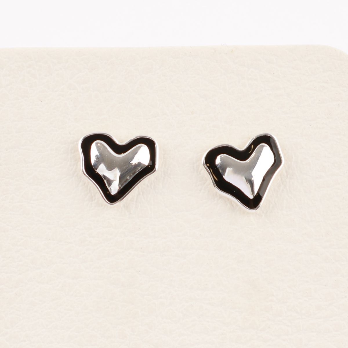 925 Sterling Silver Black Enamel Organic Heart Stud Earrings — Chunky Puff & Open Silhouette