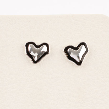 925 Sterling Silver Black Enamel Organic Heart Stud Earrings — Chunky Puff & Open Silhouette