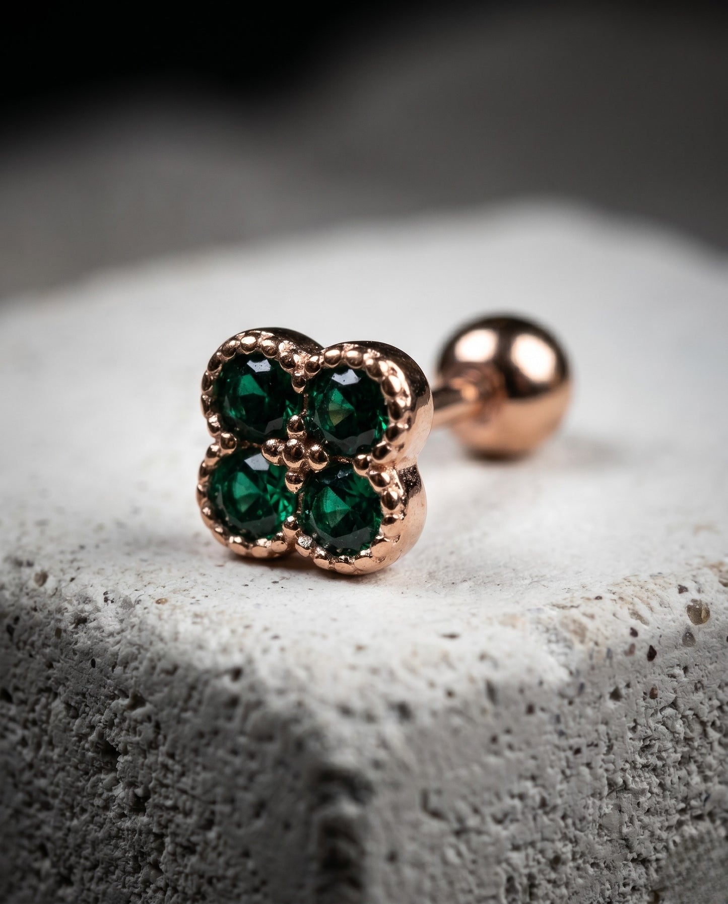 925 Silver CZ Clover Piercing Stud | Single | Rose Gold Plated