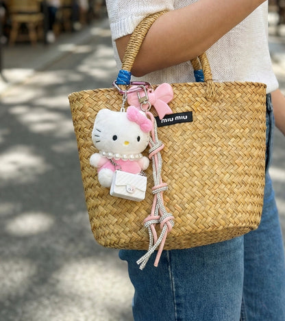 Authentic Sanrio Hello Kitty Plush Keychain Bag Charm – Pearl Necklace, Quilted Mini Bag & Crystal Rope Strap | Coquette Kawaii Y2K Accessory