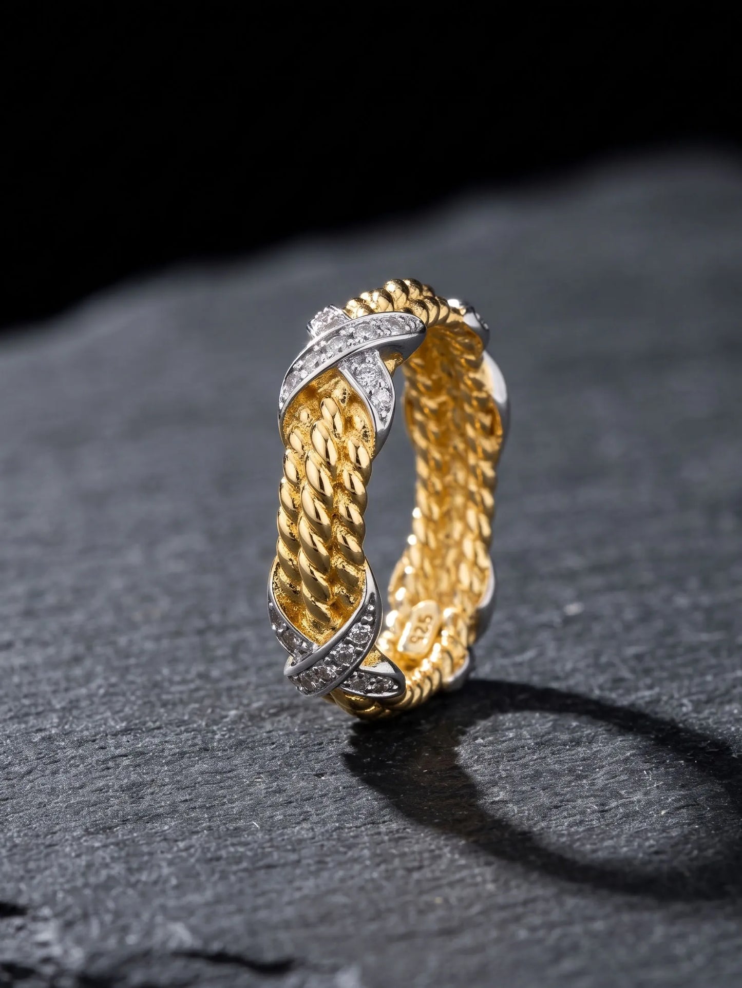 925 Sterling Silver Two-Tone Twisted Rope Band Ring with CZ X-Cross