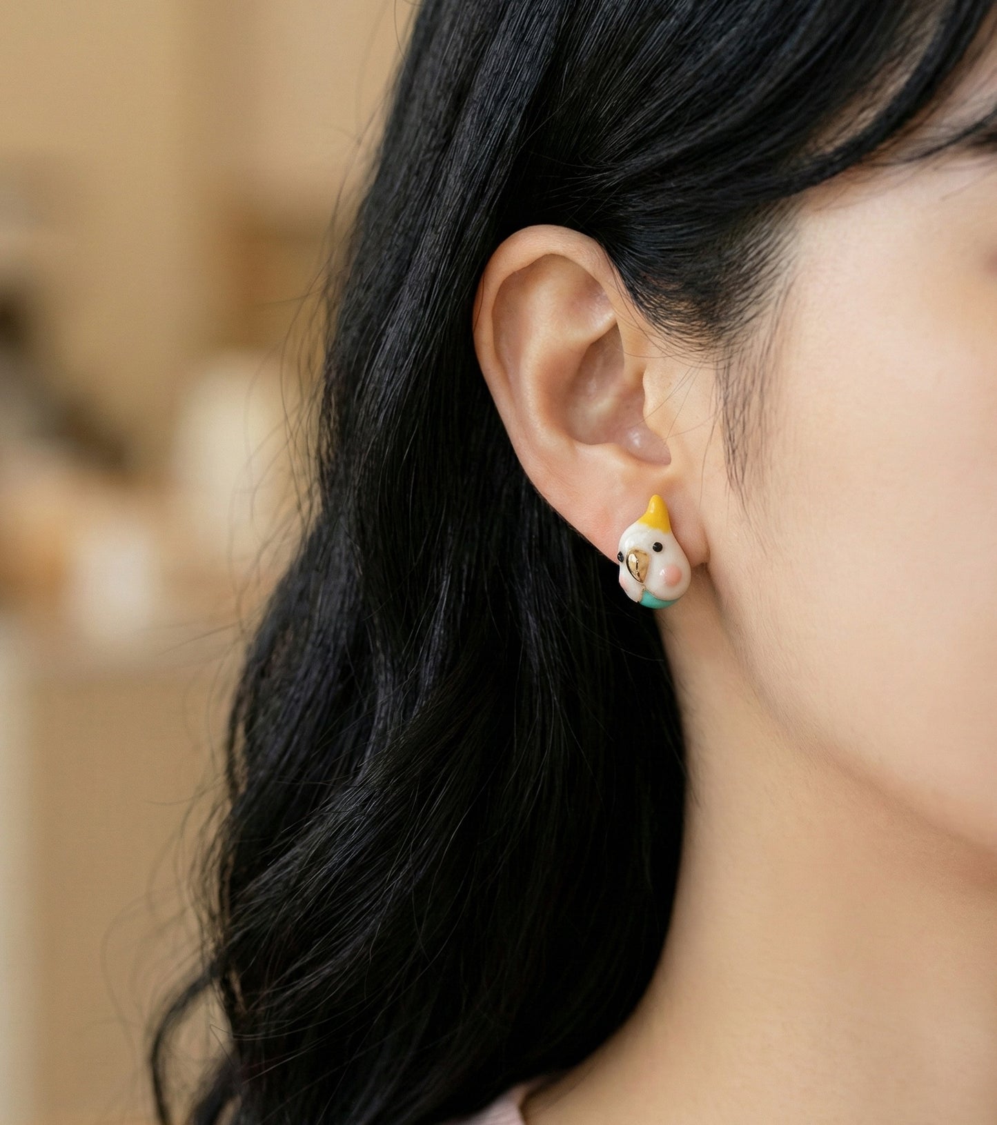 Handmade Cockatiel & Blue Parrot Stud Earrings Pair | Hypoallergenic Titanium Post | Korean Kawaii Animal Jewelry