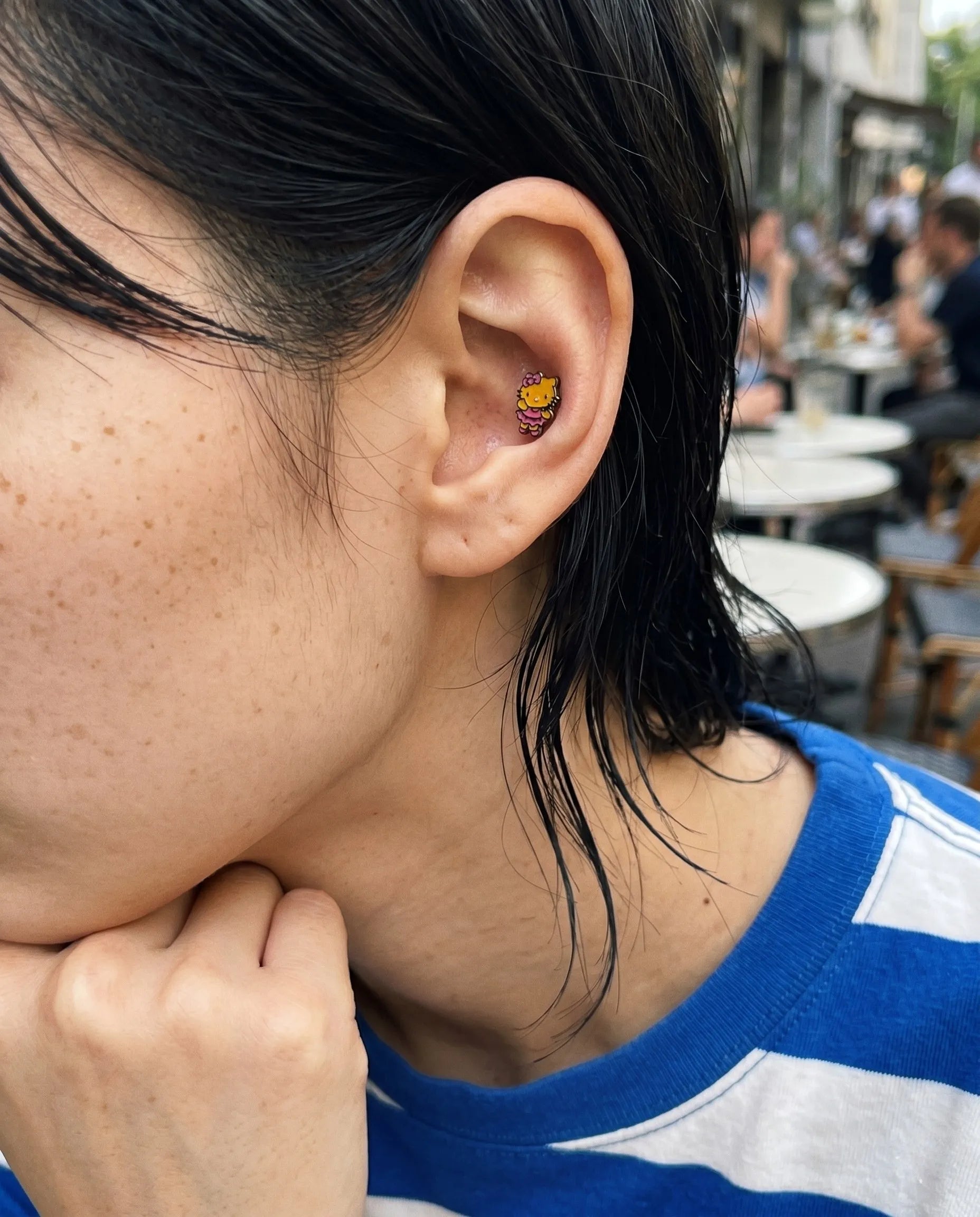 Balletcore aesthetic Hello Kitty dark pink piercing on inner conch placement — surgical steel post, hypoallergenic, handmade kawaii stud by 8ttitto8.