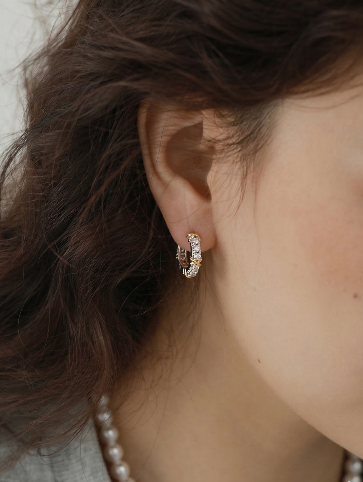 Two-Tone CZ Criss-Cross Huggie Hoop Earrings – 925 Sterling Silver, Gold X Detail