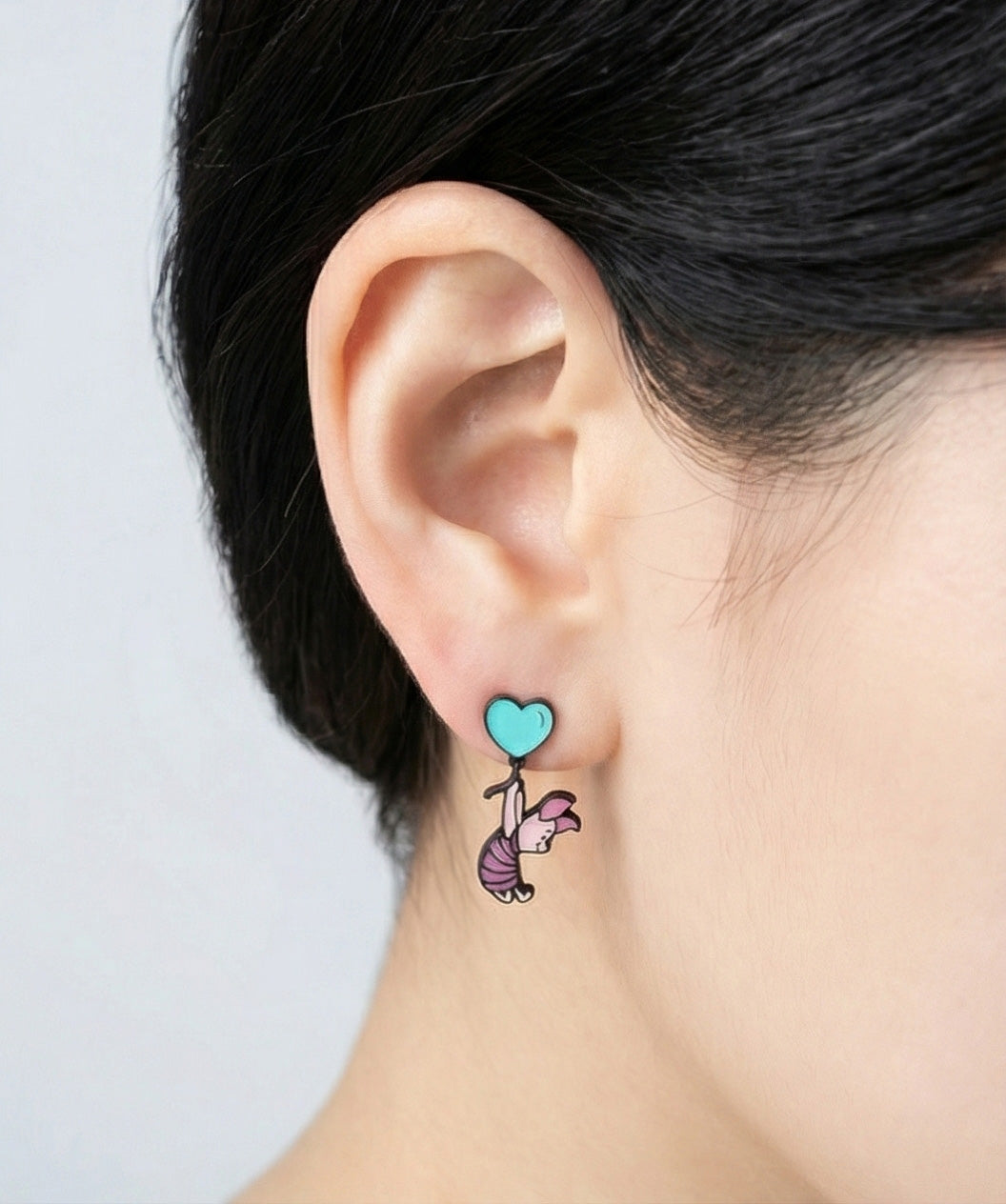 Pooh-Inspired Heart Balloon Two-Way Drop Earrings – Silver Post