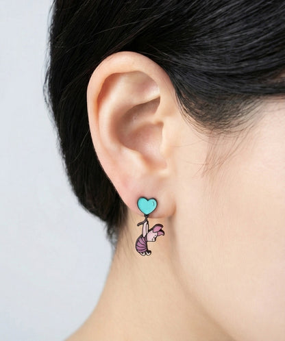 Pooh-Inspired Heart Balloon Two-Way Drop Earrings – Silver Post