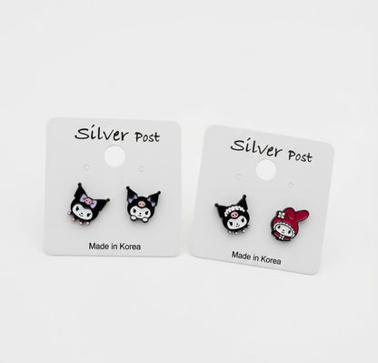 Two earring card packages showing Kuromi pair and Kuromi-My Melody mix options with silver post labels