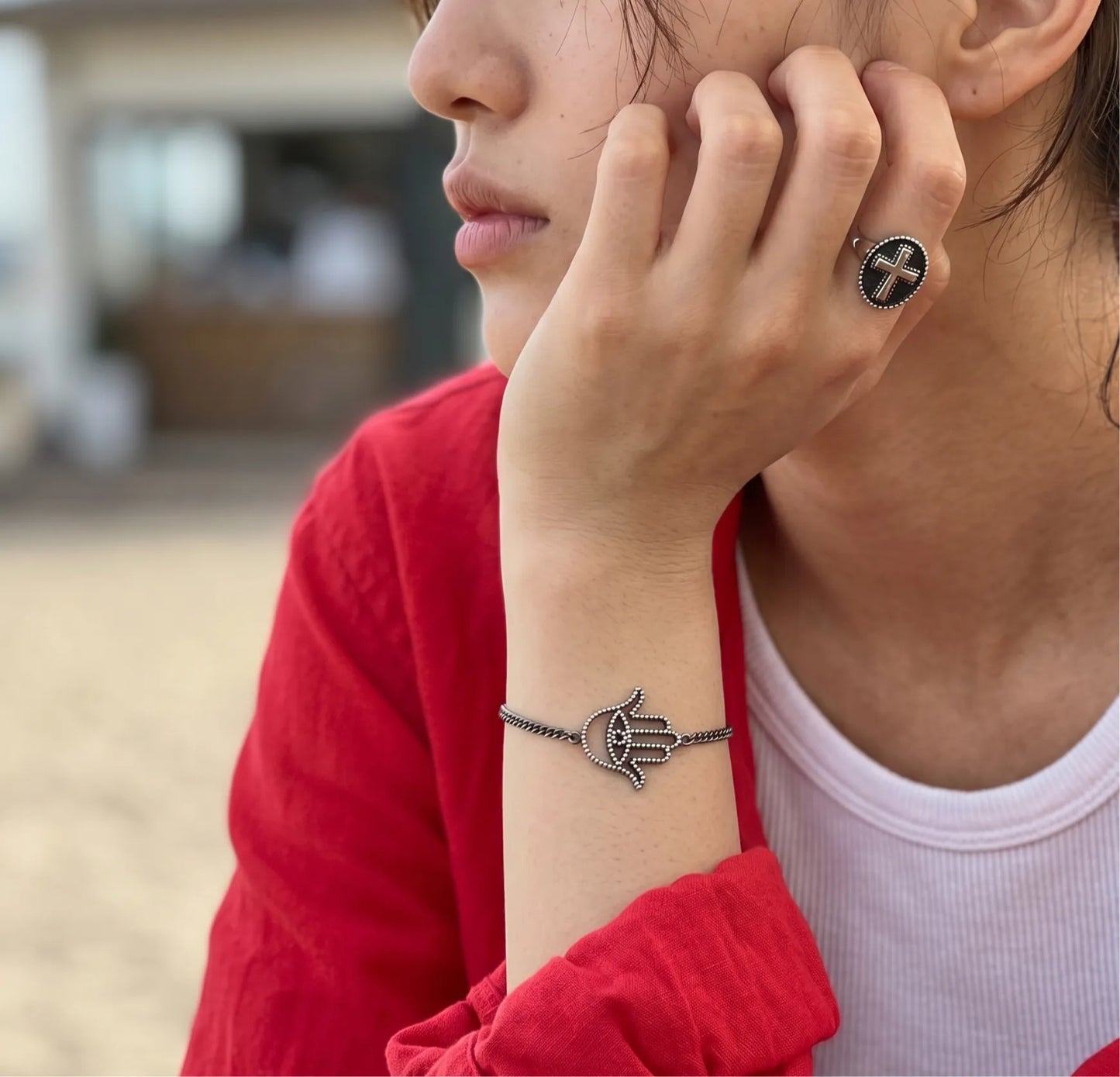 925 Sterling Silver Hamsa Hand Chain Bracelet — Handmade in Korea