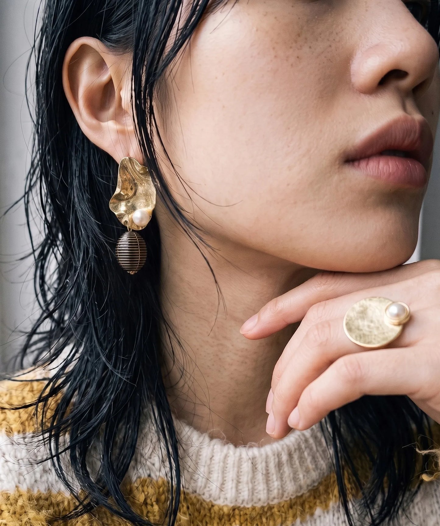 Gold Hammered Pearl Drop Earrings | K-Style Statement | Titanium Post