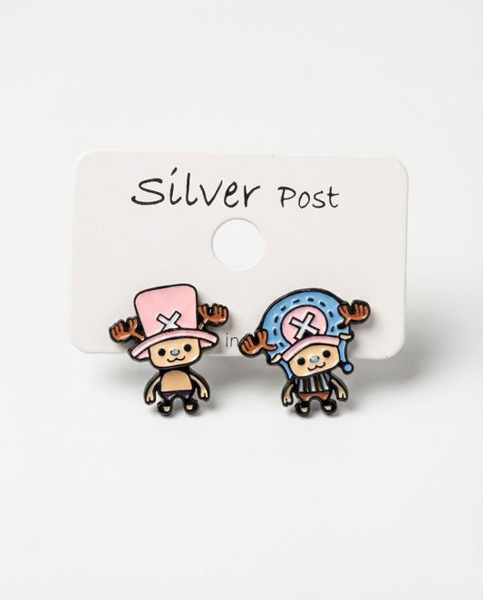 One Piece Tony Tony Chopper earring set with pink and blue pair on silver post packaging card