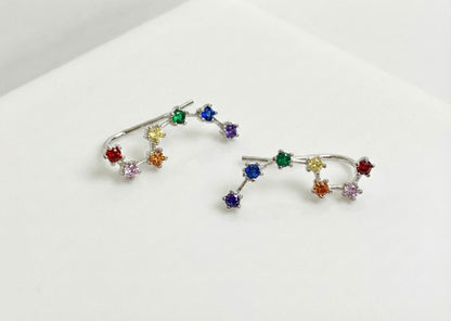 Rainbow Big Dipper constellation ear climber earrings with seven colorful cubic zirconia stones in silver finish