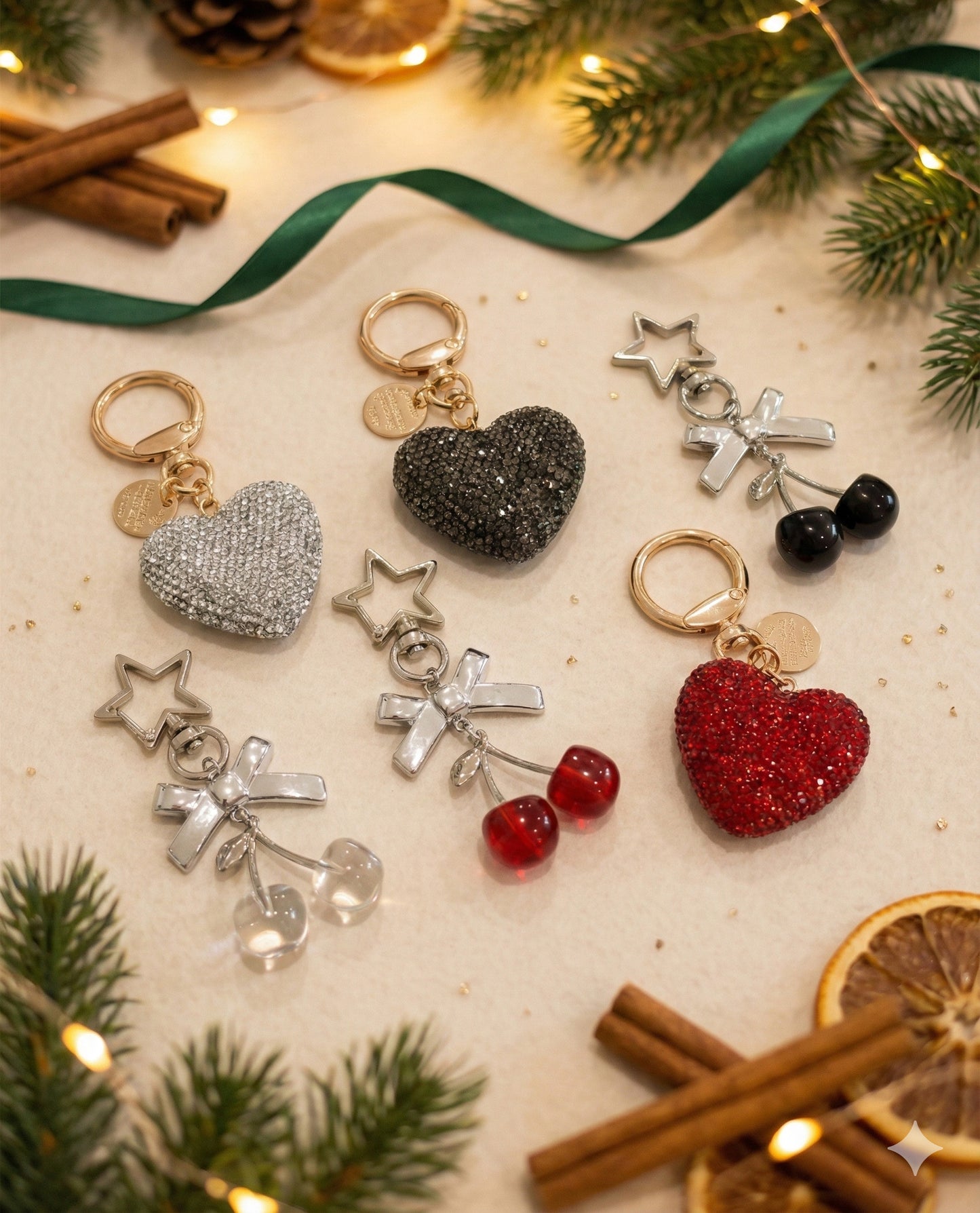 Heart Rhinestone Bag Charm & Cherry Keyring Set - Holiday Gift Bundle