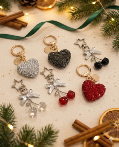 Heart Rhinestone Bag Charm & Cherry Keyring Set - Holiday Gift Bundle