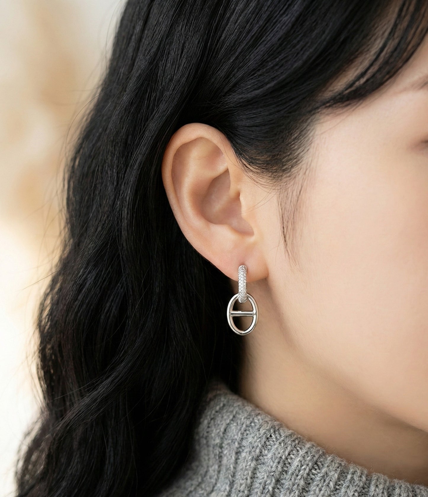 Pavé CZ Anchor Link Huggie Drop Earrings | Gold & Silver