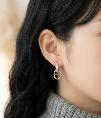 Pavé CZ Anchor Link Huggie Drop Earrings | Gold & Silver