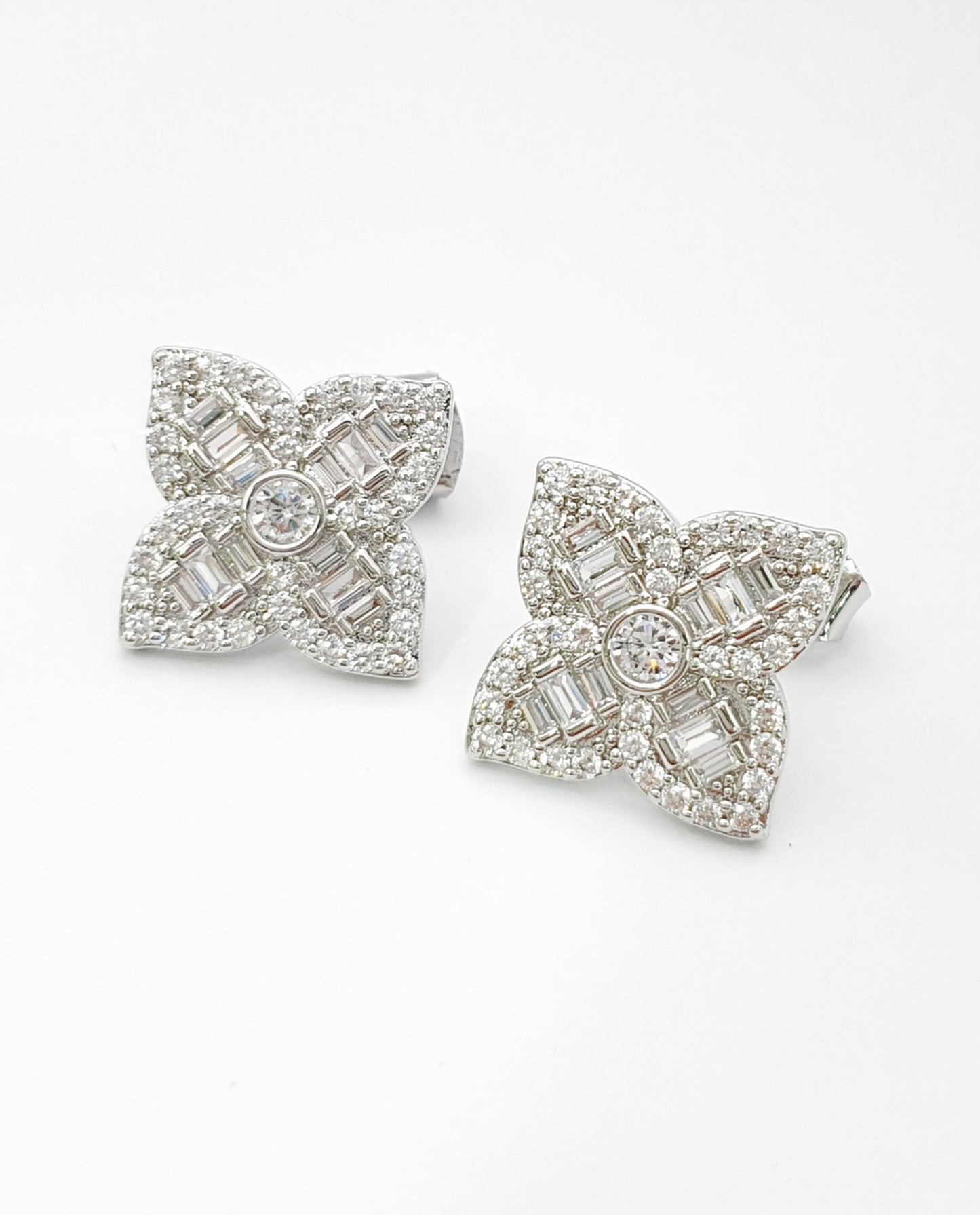 Luxe Floral Baguette Cut CZ Stud Earrings - 925 Silver Post 3 Colors