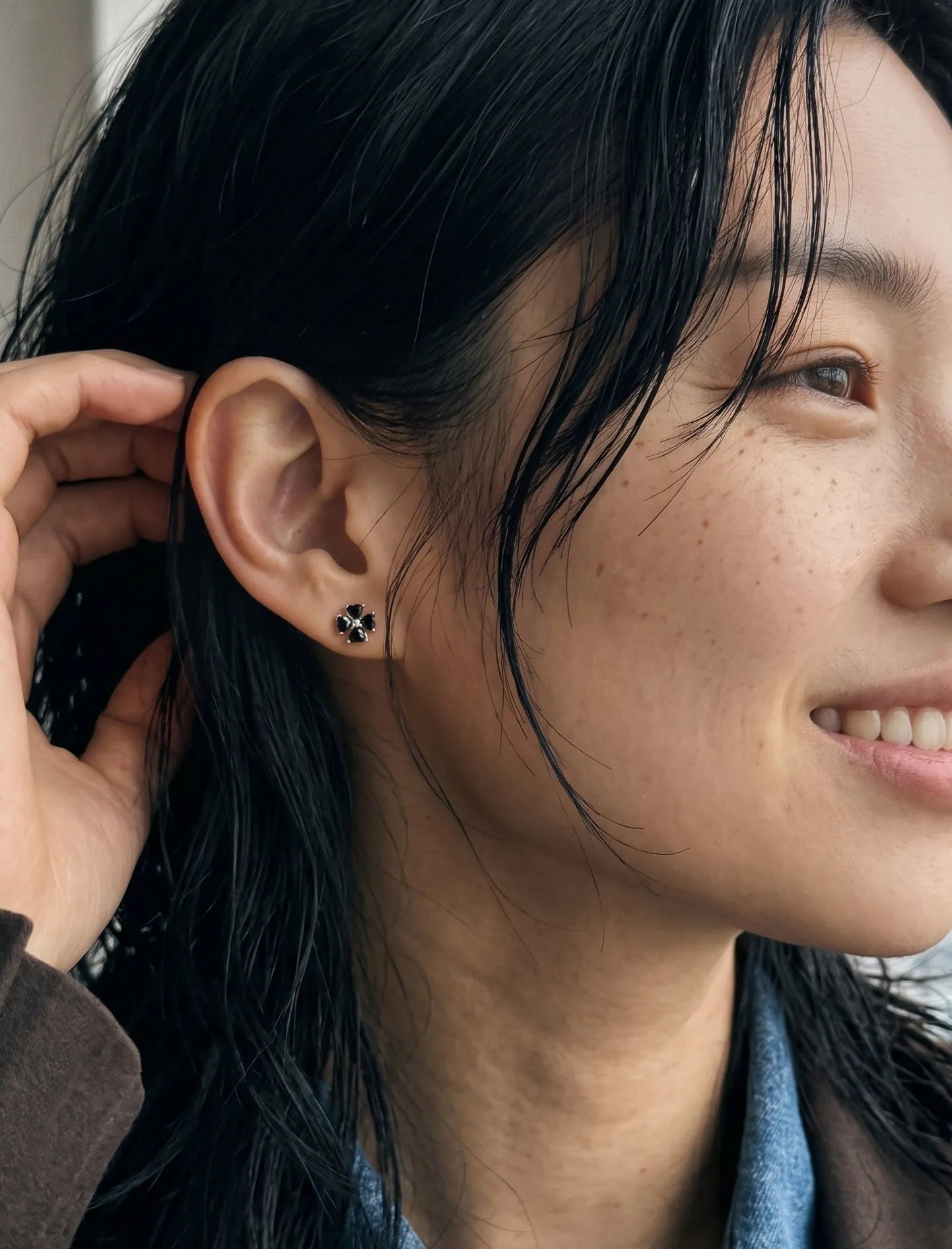 Black Clover Barbell Stud | Brass + Surgical Steel | K-Style Ear Stack (Single)
