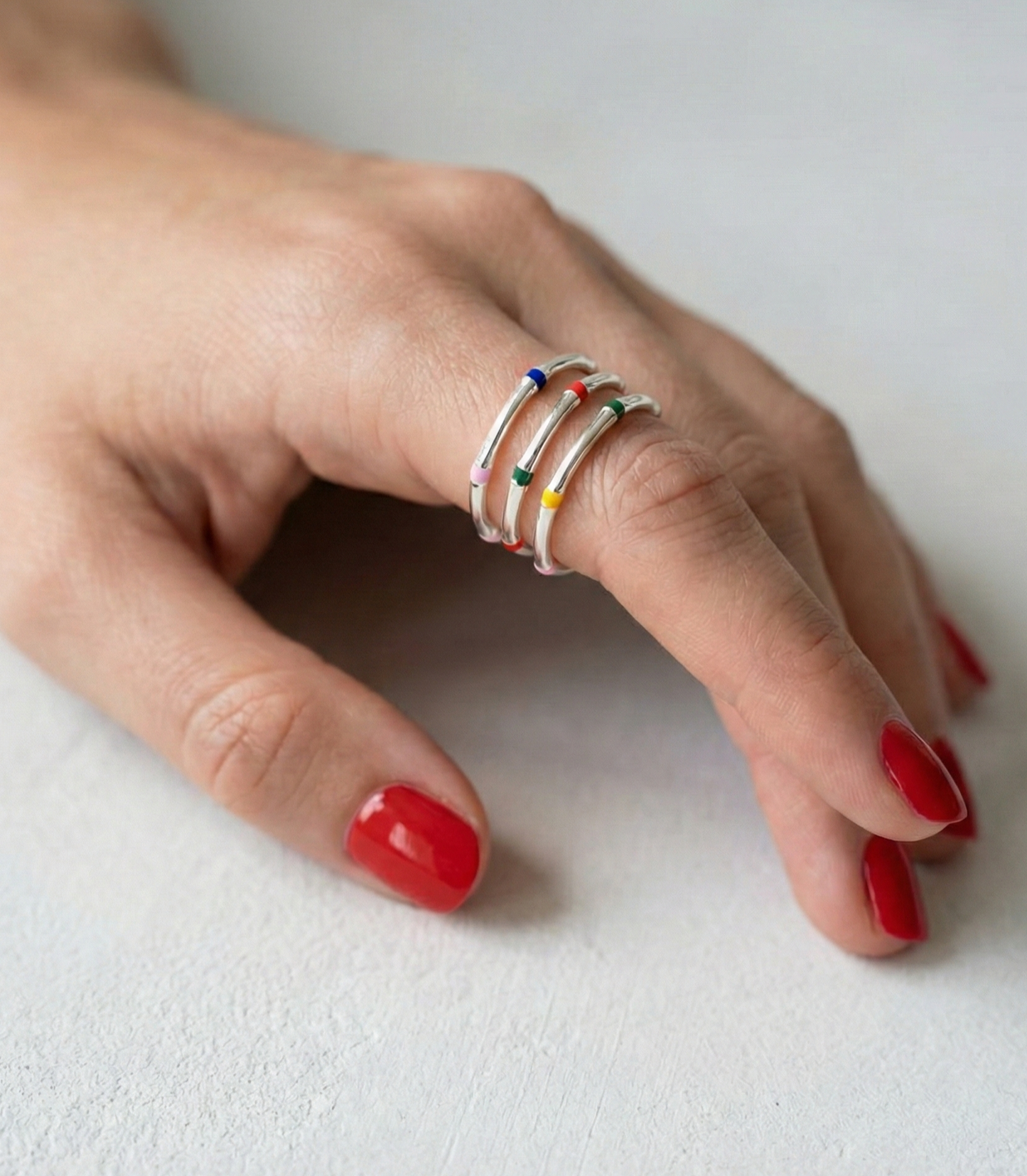 925 Sterling Silver Multicolor Enamel Stackable Open Ring — Adjustable Dainty Band