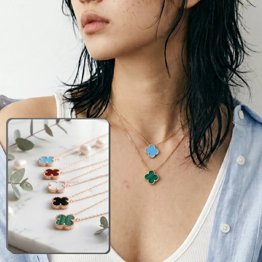 925 Silver Clover Gemstone Necklace | Rose Gold · K-Style