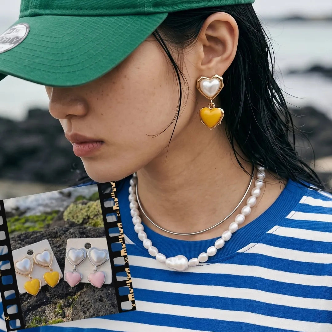 Chunky Double Heart Drop Earrings – Pearl & Color Block