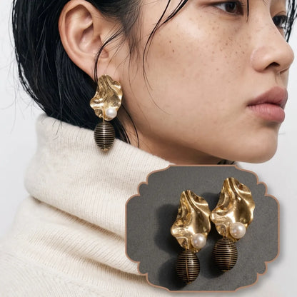 Gold Hammered Pearl Drop Earrings | K-Style Statement | Titanium Post
