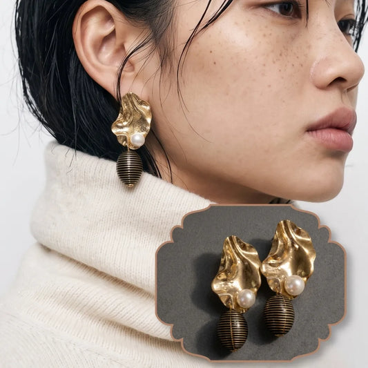 Gold Hammered Pearl Drop Earrings | K-Style Statement | Titanium Post