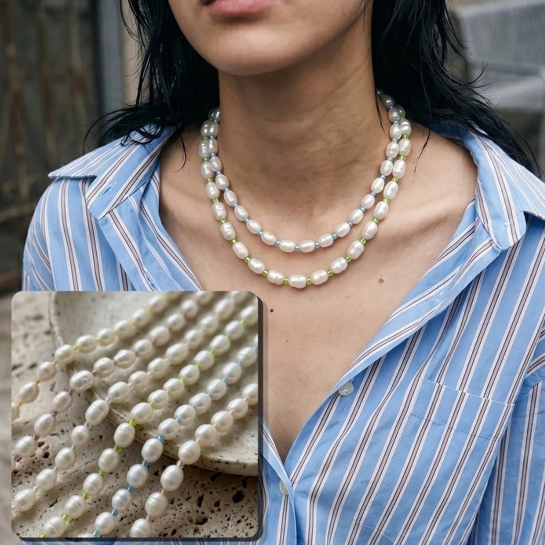 Real Freshwater Pearl & Color Bead Choker Necklace | Y2K Kitsch Neck Stack